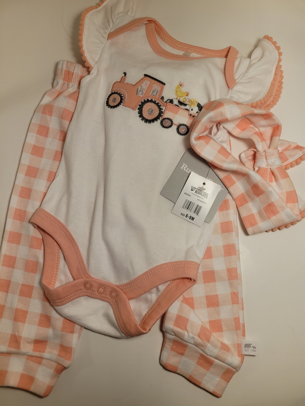 Children's Peach & White Tractor Matching Set - Brand: RuffleButts